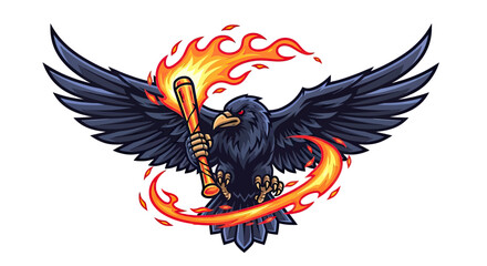 Fototapeta premium A fierce crow with fiery eyes and burning torch. Illustration of an angry, flying bird