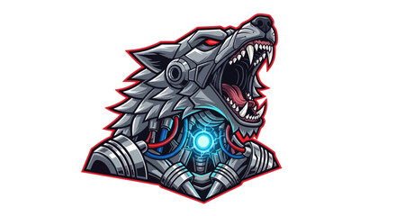 Fototapeta premium Cyborg wolf head in vector style with red outline, baring teeth and glowing core