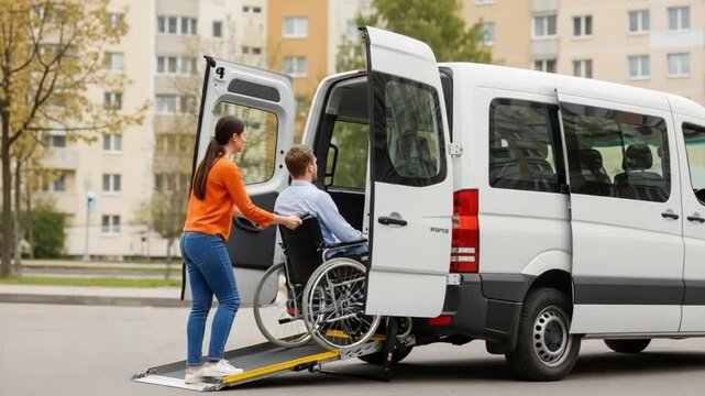 Woman helping a man in a wheelchair into a white van with open doors on a city street