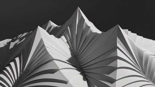 Monochrome Paper Sculpture Scene \'96 stylized architectural interpretation of folded white surfaces forming a sculptural landscape, sharp angular peaks contrasted with gentle flowing contours,