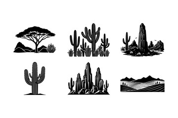 A set of six black and white desert landscape illustrations