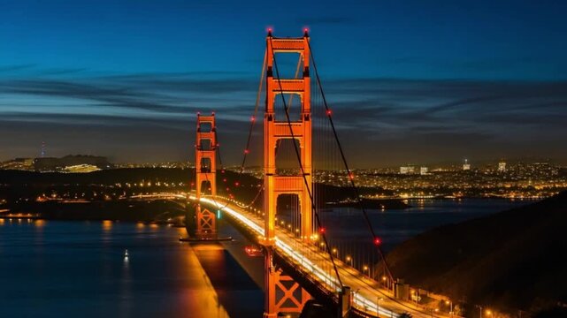Golden gate bridge at dusk with city lights and a dark blue sky