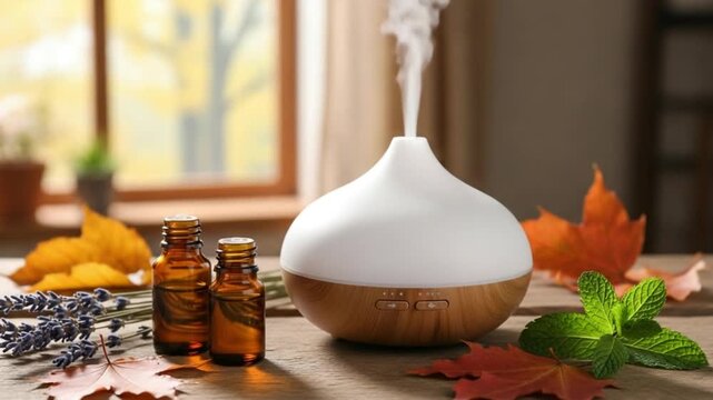 Essential oil diffuser with autumn leaves and herbs on a table