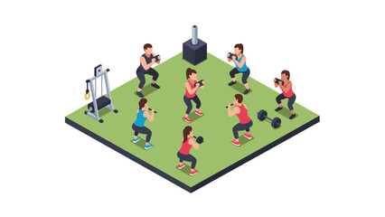 Fototapeta premium Group fitness class with dumbbells in isometric gym setting