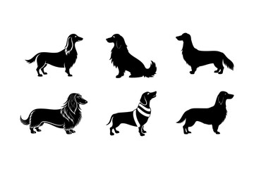 Six black silhouettes of different dog breeds standing