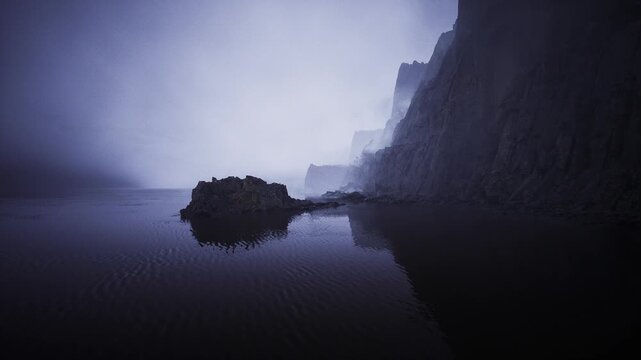 Mist swathed inlet with craggy island, reflective still water mirrors rugged cliffs, low key lighting, cinematic atmosphere, sense of isolation