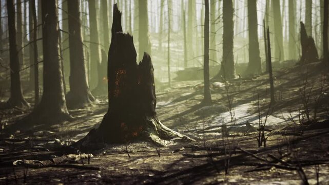 Artist drafts restoration ideas around burnt tree remnants. An artist sketches restoration concept on scene filled with burnt woodland elements and mist