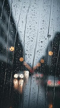 Rainy Night Cityscape View Through Wet Windowpane with Reflections of Streetlights