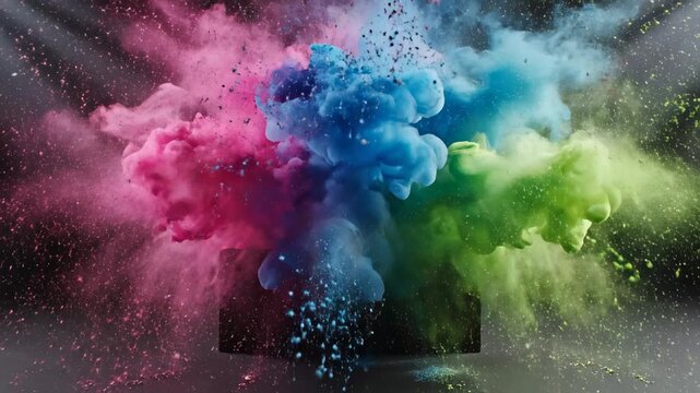 Vibrant pigment burst concept inspired by creative color splash, dark charcoal background where a sleek rectangular box opens slightly and luminous clouds of powdered color billow outward like