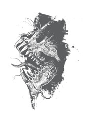Obraz premium Dark Monster Skull Ink Sketch with Grunge Brush Stroke BackgroundHand Drawn Demonic Creature Head Horror Illustration in Black and WhiteVintage Engraving Style Evil Beast Skull Dark Fantasy Artwor