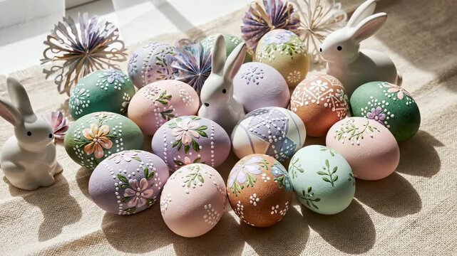 Video of Easter holiday flat lay with pastel painted eggs on light textured surface, springtime celebration, creative craft decoration, cheerful seasonal branding background.
