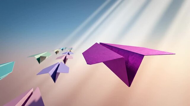 Business innovation metaphor with paper airplanes, an abstract pastel environment where multiple folded planes float midair in parallel formation while a single plane in a bold contrasting color moves