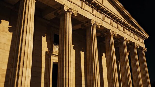 Neoclassical building facade with ionic columns illuminated by warm light captured from a low-angle perspective to emphasize grandeur and vertical scale, dramatic golden lighting washing across carved