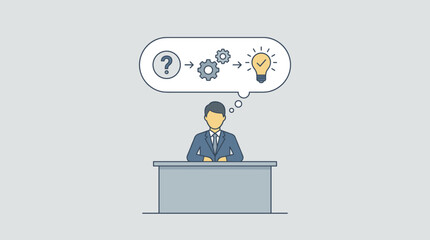 Businessman Thinking About Problem Solving Process with Question Mark Gears and Lightbulb Idea in Thought Bubble, Concept of Decision Making, Innovation, and Strategic Intellectual Work Vector