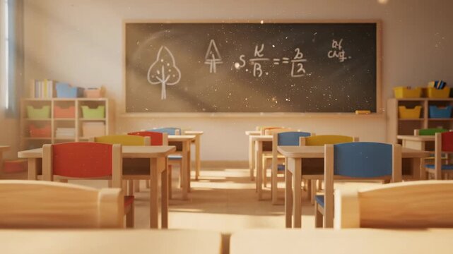 Abstract Concept of Early Education Environment inspired by a primary classroom, simplified rows of small desks forming rhythmic patterns under diffused morning light, chalkboard surface glowing