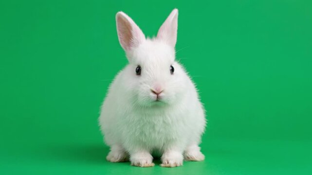 White rabbit sitting alert sniffing looking curious fluffy bunny pet animal cute adorable easter spring on green screen chroma key alpha channel background