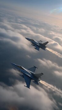Advanced Fighter Jets Flying Together Above The Clouds. Accelerates And Disappears. War And Air Force Related 4K Motion.
