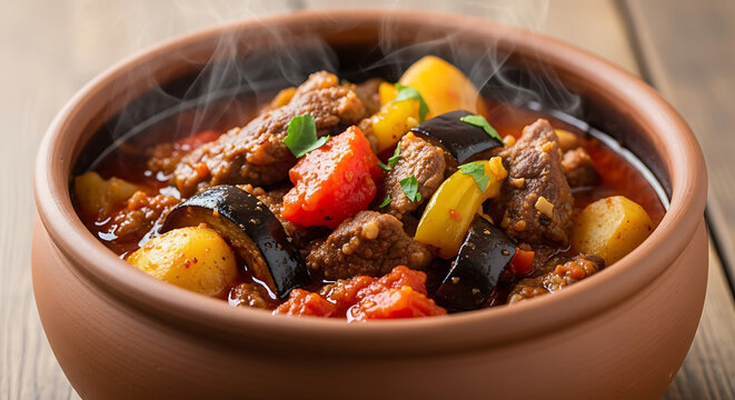 Traditional Beef Stew with Eggplant and Vegetables in a Rustic Clay Pot on Wooden Table
