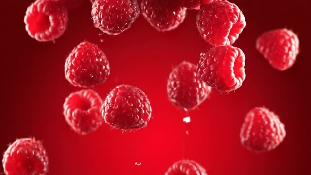 Juicy red raspberries splashing and falling in slow motion, close-up shot with a vibrant red background, showcasing the fresh fruit in exquisite detail