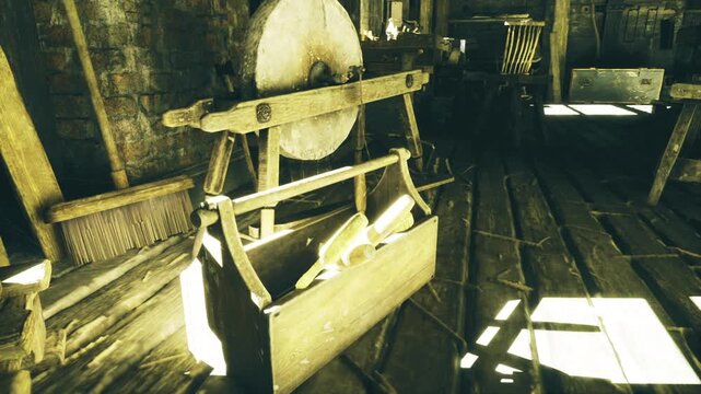 Bright workshop corner with saw and open wooden toolbox, plane and chisels arranged on floorboards, shafts of light creating sharp contrasts, industrial yet