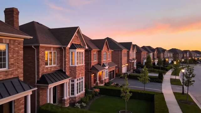Calm neighborhood atmosphere at late afternoon with warm sunset tones reflecting on windows and brick textures, empty sidewalks bordered by trimmed hedges and simple street lamps, pastel sky fading