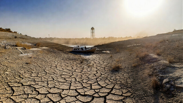 A boat sits stranded on dry, cracked earth under a hazy, sunlit sky.