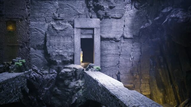 Guardian in carved portal with warm light spilling onto stone, imposing lintel, quiet vigilance, faint moss growth and solemn monumentality suggesting