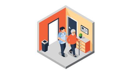 Isometric healthcare setting with nurse and elderly patient in modern clinic room