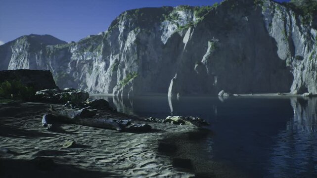 Gloomy cove beneath towering limestone cliffs with textured rock shelves and cold blue water research expedition vibe with anchored craft and focus on geology