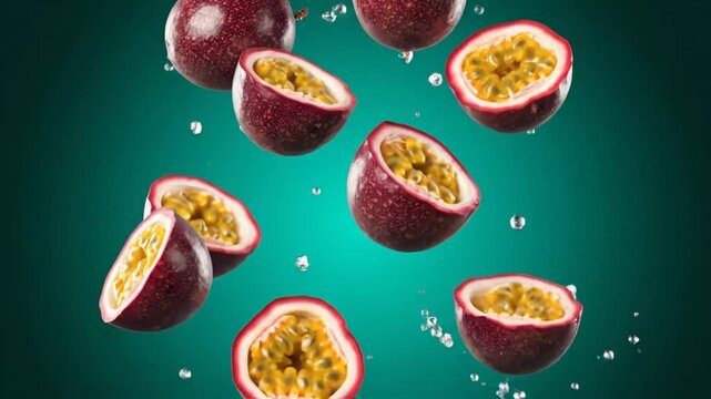 Ripe passion fruits splashing into water creating a refreshing cascade with bright pulp and seeds visible