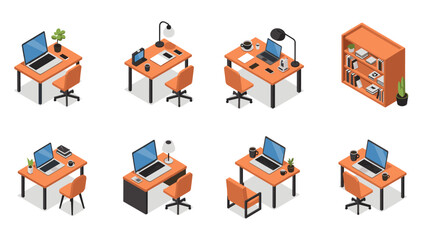 Modern isometric office workspaces with orange furniture and equipment variations