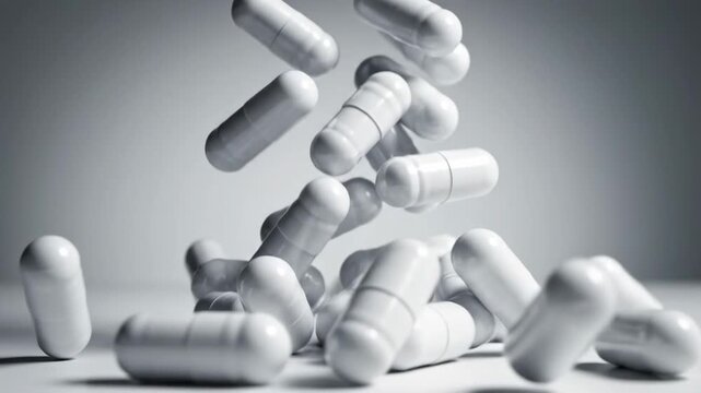 Video of white capsules falling in slow motion, pharmaceutical drop scene, medical supplement concept, clean healthcare background, minimal drug research visual.