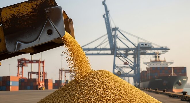 Grain pouring from machinery onto a pile at a port, with ship and cranes in background