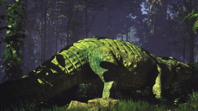 Overgrown fossilized guardian lies among ruins, moss and vine reclaim massive stone form, cracked scales hint at petrified creature, shafts of twilight filter