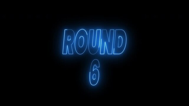 Round 6 text animation glowing in blue on black background. 4k animated typography Suitable for sports events, game night promotions, or technological concepts.