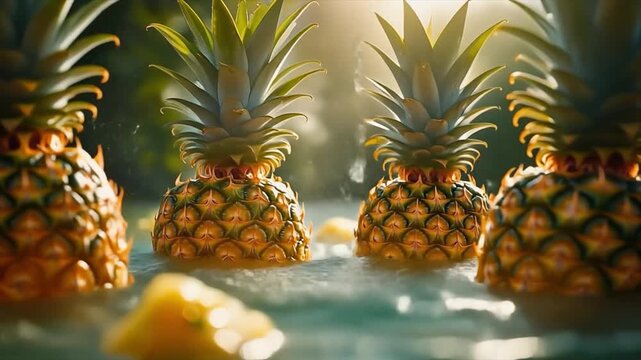 Pineapples splashing in water, fresh tropical fruit with water droplets, vibrant summer refreshment, healthy food concept