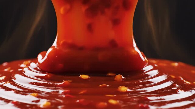 Video of Fiery Chili Glaze Flowing in Close Detail, hot sauce abstract texture, rich red liquid pattern for contemporary branding visuals.