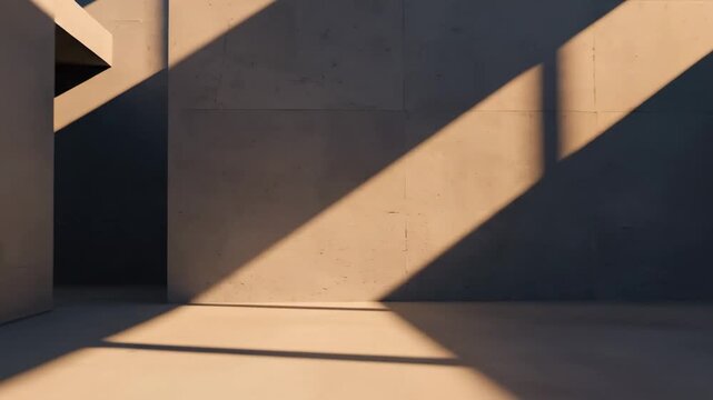 Abstract Sunlight Motion Concept inspired by indoor shadow time lapse, simplified geometric room with strong linear window projections casting bold diagonal shadows that glide rhythmically across flat