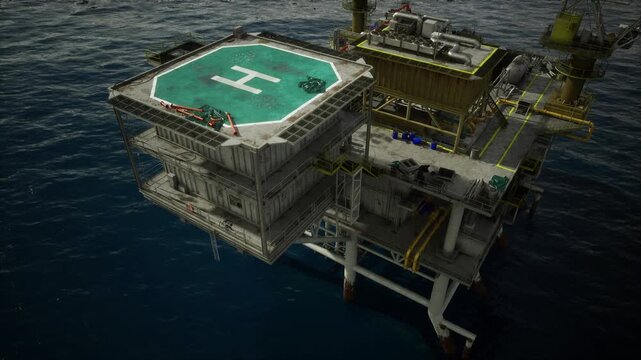 Helipad atop offshore oil rig platform showing medevac readiness with green octagonal pad and white H. Aerial view captures safety railings, tiedown points,