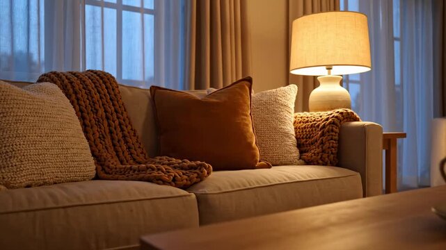 Relaxing home atmosphere scene inside a cozy interior during early evening light, warm golden glow from a table lamp softly illuminating a comfortable sofa with textured cushions and a knitted throw,