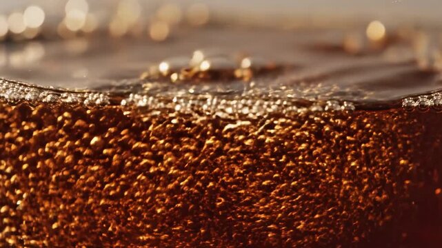 Video of Carbonated Drink Surface with Rising Gas Pearls, glossy cola texture pattern, effervescent refreshment background for modern branding visuals.