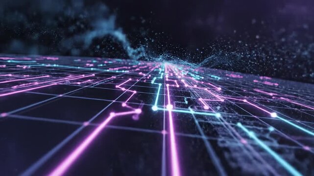 Futuristic Data Timeline Interface composed of glowing linear paths and dynamic nodes suspended in a dark atmospheric environment, translucent layers of thin lines intersecting to form a structured