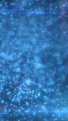 Blue glowing particle field with soft bokeh and digital light streaks on dark background, futuristic abstract technology backdrop