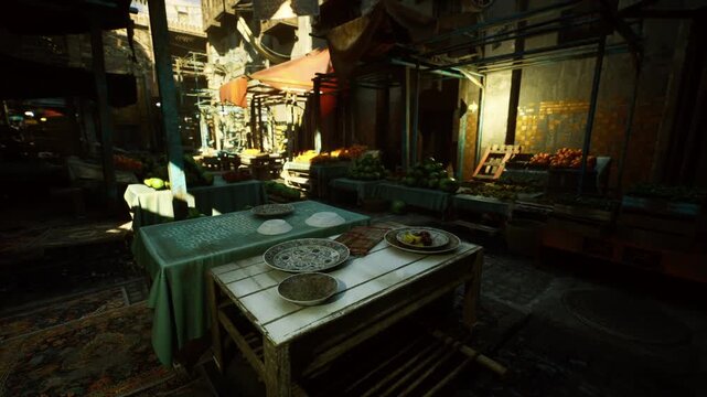 Dusk spice table under low light, bowls and brass vessels glowing against deep shadows, candlelike highlights and warm evening glow create cinematic market