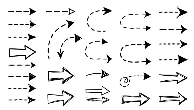 hand drawn doodle vector set of arrows with dashed lines in playful sketchy ink pen outline style isolated on white background