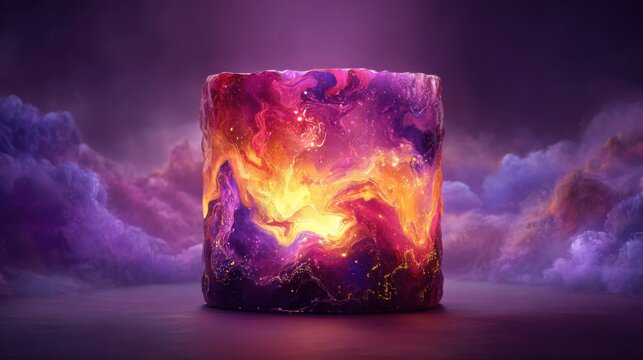 Vibrant cylindrical object glowing with swirling cosmic nebula and galaxy patterns in purples, pinks, and oranges
