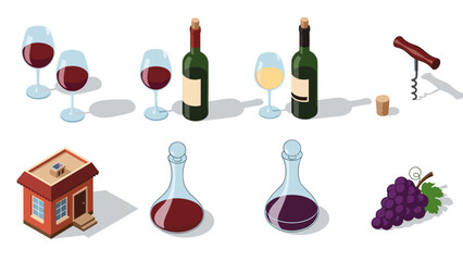 Fototapeta premium Wine essentials: glasses, bottles, and corkscrew in isometric style