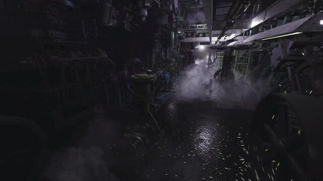 Flooded engine chamber with murky water and submerged equipment, pumps and motors half covered in silt, sonar drone mapping submerged cabling in dim emergency