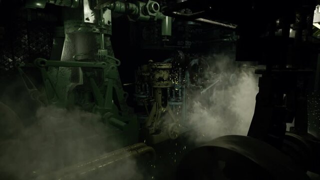 Foggy engine hall detail with heavy flywheels and textured metal surfaces editorial scene ideal for conservation, restoration or dystopian concept, showing