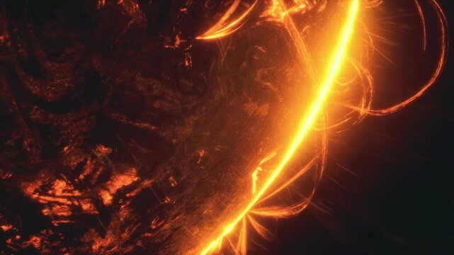 Ignition ribbon encircling darkened globe, bright luminous band slicing through atmosphere, arcing filaments and scattered embers in motion.